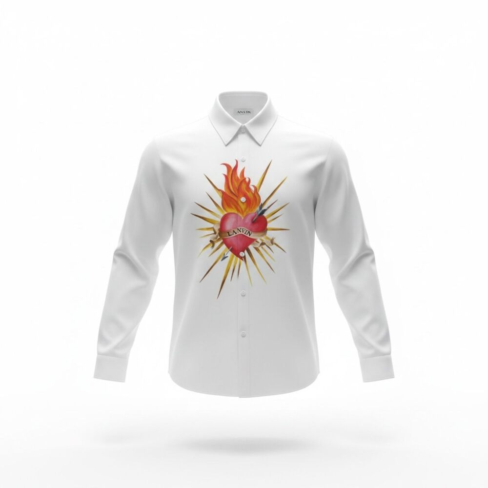 Lanvin Paris Sacred Heart Print Graphic Cotton Poplin Shirt White Made Italy 44